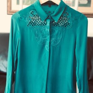 ARYN K Silk Teal Green Blouse 100% Silk